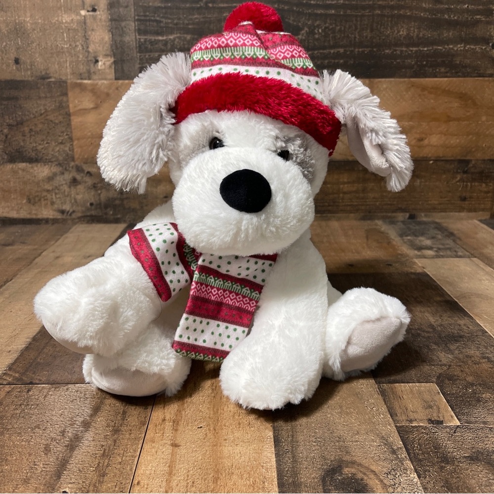 Hugfun International Gray White Puppy 12” Dog Red Hat Scarf Plush